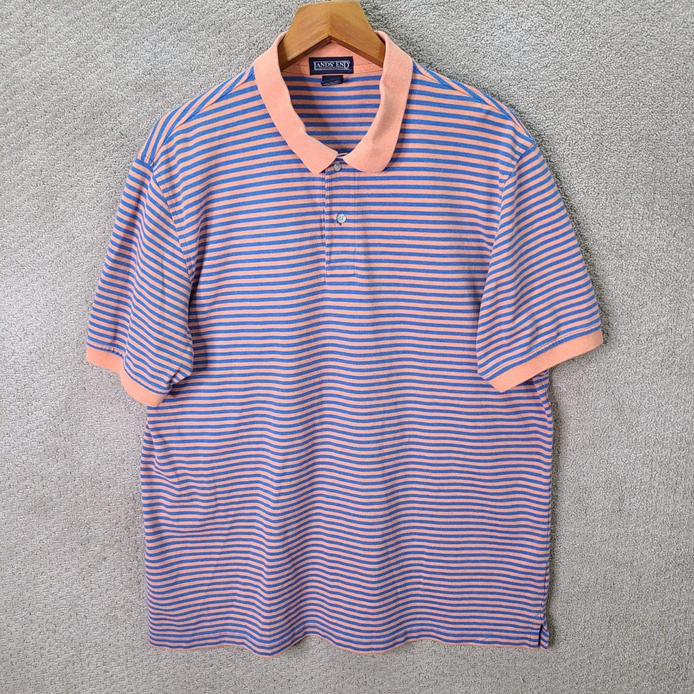 Vintage Lands End Shirt Mens XL Orange Blue Striped Polo Short Sleeve Cotton